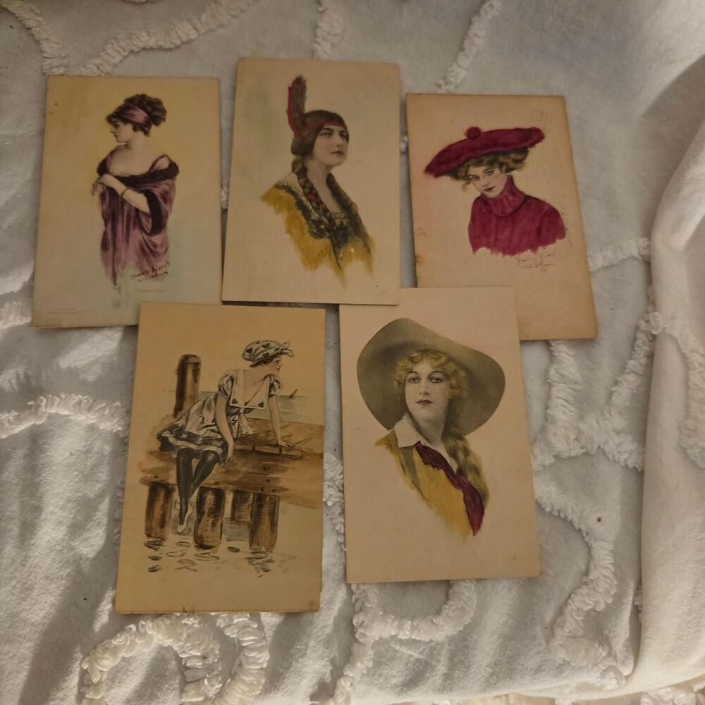 1900s Antique Edwardian Girl Postcards Set of 5 - Artist Signed Art Prints